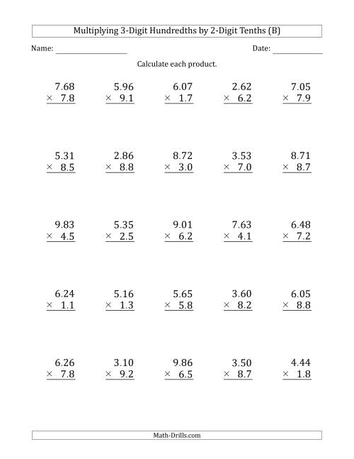 The Multiplying 3-Digit Hundredths by 2-Digit Tenths (B) Math Worksheet