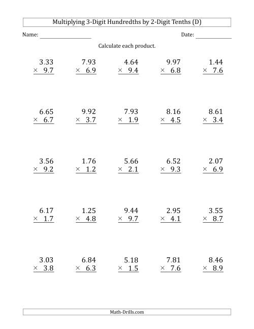 The Multiplying 3-Digit Hundredths by 2-Digit Tenths (D) Math Worksheet