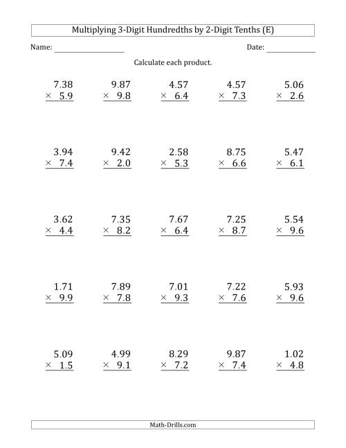 The Multiplying 3-Digit Hundredths by 2-Digit Tenths (E) Math Worksheet