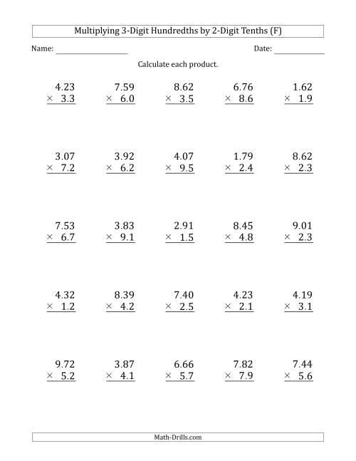 The Multiplying 3-Digit Hundredths by 2-Digit Tenths (F) Math Worksheet