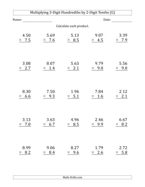 The Multiplying 3-Digit Hundredths by 2-Digit Tenths (G) Math Worksheet