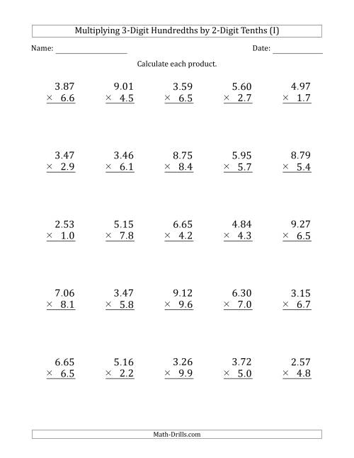 The Multiplying 3-Digit Hundredths by 2-Digit Tenths (I) Math Worksheet