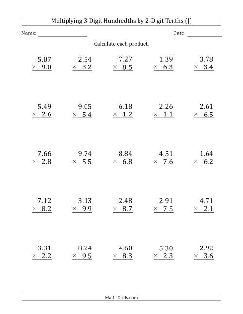 The Multiplying 3-Digit Hundredths by 2-Digit Tenths (J) Math Worksheet
