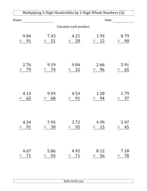 The Multiplying 3-Digit Hundredths by 2-Digit Whole Numbers (A) Math Worksheet