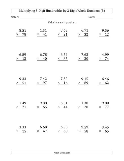 The Multiplying 3-Digit Hundredths by 2-Digit Whole Numbers (B) Math Worksheet