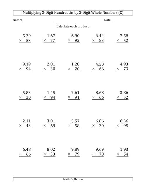 The Multiplying 3-Digit Hundredths by 2-Digit Whole Numbers (C) Math Worksheet