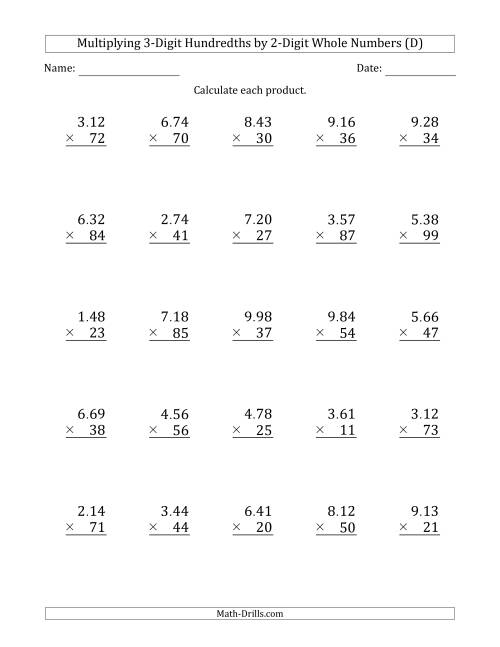 The Multiplying 3-Digit Hundredths by 2-Digit Whole Numbers (D) Math Worksheet