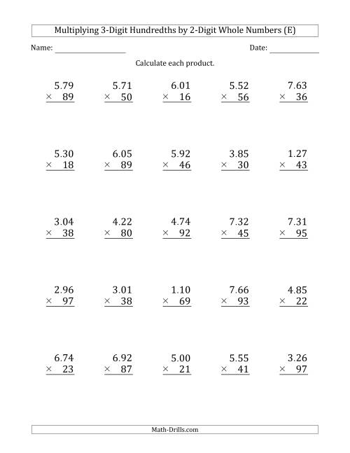 The Multiplying 3-Digit Hundredths by 2-Digit Whole Numbers (E) Math Worksheet