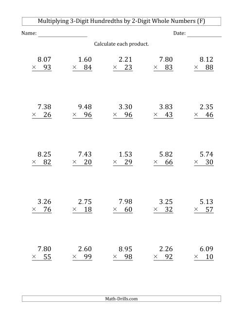 The Multiplying 3-Digit Hundredths by 2-Digit Whole Numbers (F) Math Worksheet