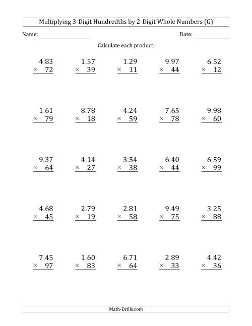 The Multiplying 3-Digit Hundredths by 2-Digit Whole Numbers (G) Math Worksheet