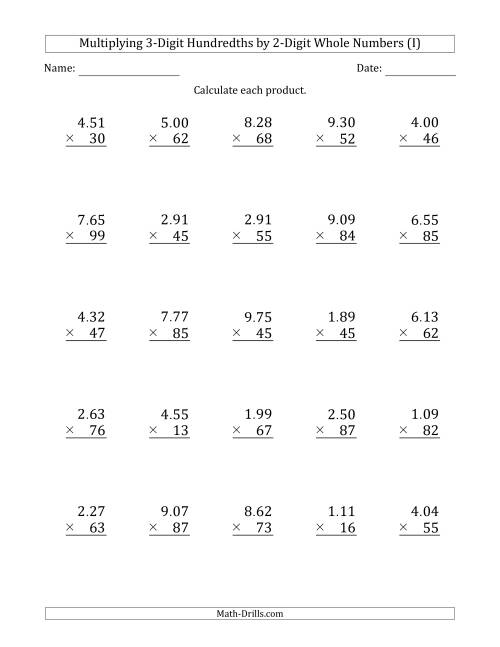 The Multiplying 3-Digit Hundredths by 2-Digit Whole Numbers (I) Math Worksheet