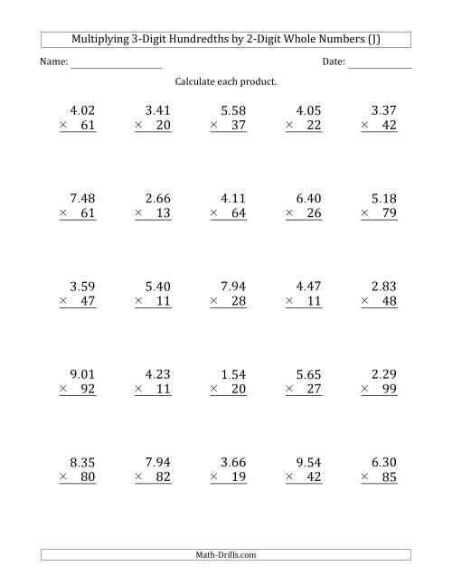 The Multiplying 3-Digit Hundredths by 2-Digit Whole Numbers (J) Math Worksheet