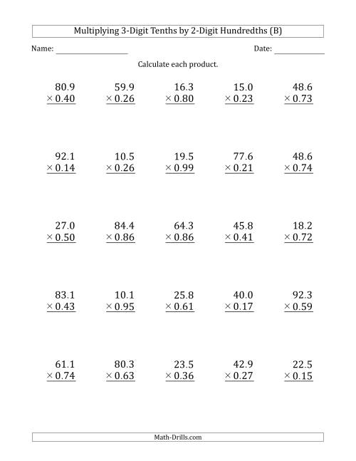 The Multiplying 3-Digit Tenths by 2-Digit Hundredths (B) Math Worksheet