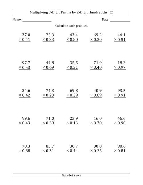 The Multiplying 3-Digit Tenths by 2-Digit Hundredths (C) Math Worksheet