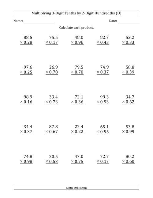 The Multiplying 3-Digit Tenths by 2-Digit Hundredths (D) Math Worksheet