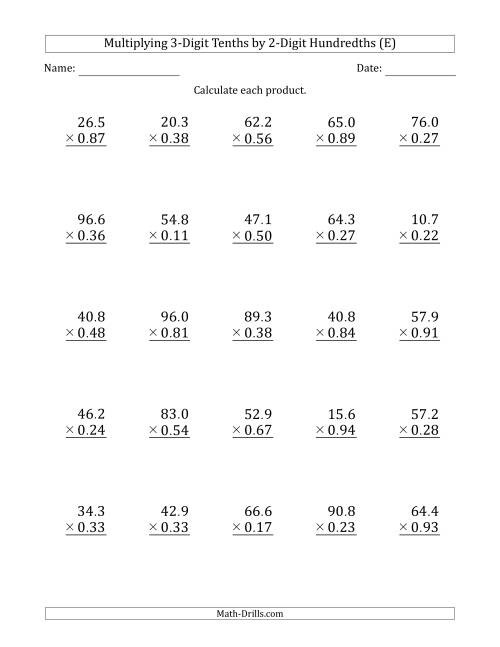 The Multiplying 3-Digit Tenths by 2-Digit Hundredths (E) Math Worksheet