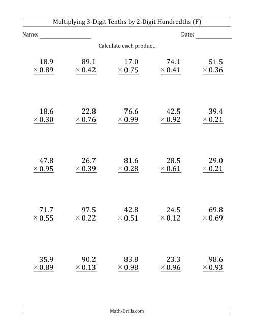 The Multiplying 3-Digit Tenths by 2-Digit Hundredths (F) Math Worksheet