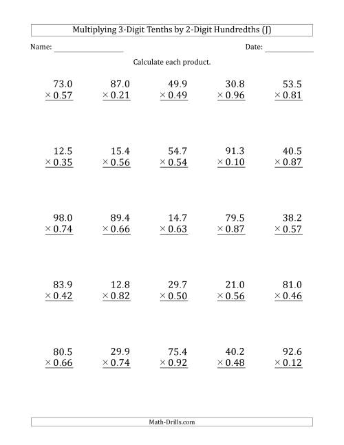 The Multiplying 3-Digit Tenths by 2-Digit Hundredths (J) Math Worksheet