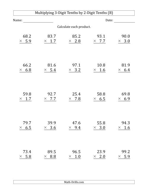The Multiplying 3-Digit Tenths by 2-Digit Tenths (B) Math Worksheet