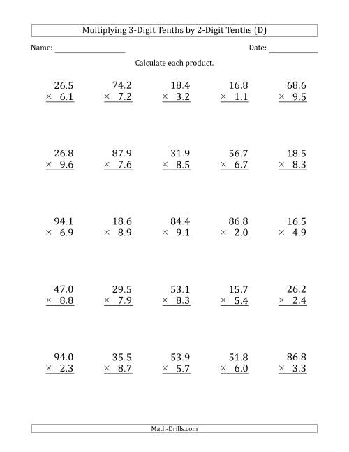 The Multiplying 3-Digit Tenths by 2-Digit Tenths (D) Math Worksheet