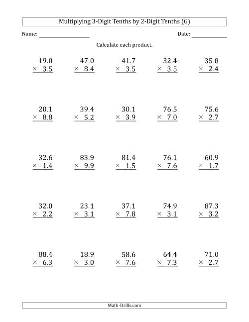 The Multiplying 3-Digit Tenths by 2-Digit Tenths (G) Math Worksheet