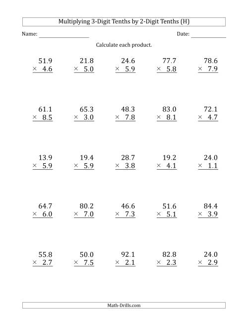 The Multiplying 3-Digit Tenths by 2-Digit Tenths (H) Math Worksheet