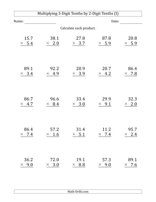 The Multiplying 3-Digit Tenths by 2-Digit Tenths (I) Math Worksheet