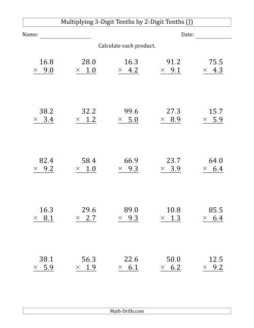 The Multiplying 3-Digit Tenths by 2-Digit Tenths (J) Math Worksheet