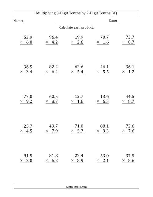 The Multiplying 3-Digit Tenths by 2-Digit Tenths (All) Math Worksheet