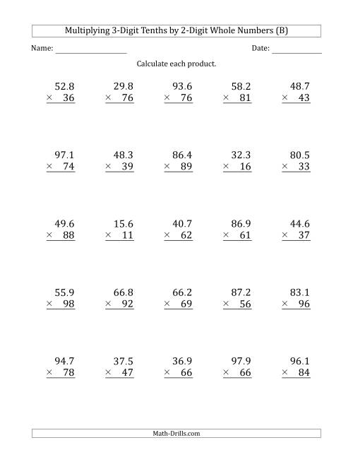 The Multiplying 3-Digit Tenths by 2-Digit Whole Numbers (B) Math Worksheet