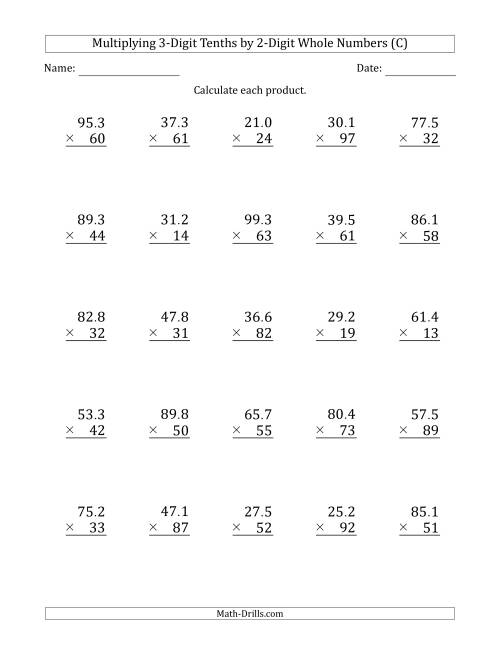 The Multiplying 3-Digit Tenths by 2-Digit Whole Numbers (C) Math Worksheet