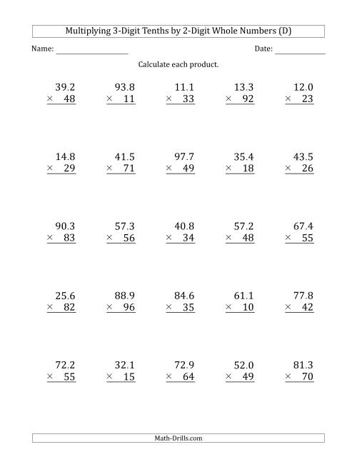 The Multiplying 3-Digit Tenths by 2-Digit Whole Numbers (D) Math Worksheet