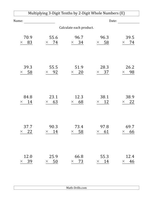 The Multiplying 3-Digit Tenths by 2-Digit Whole Numbers (E) Math Worksheet