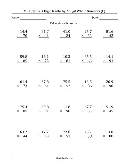 The Multiplying 3-Digit Tenths by 2-Digit Whole Numbers (F) Math Worksheet