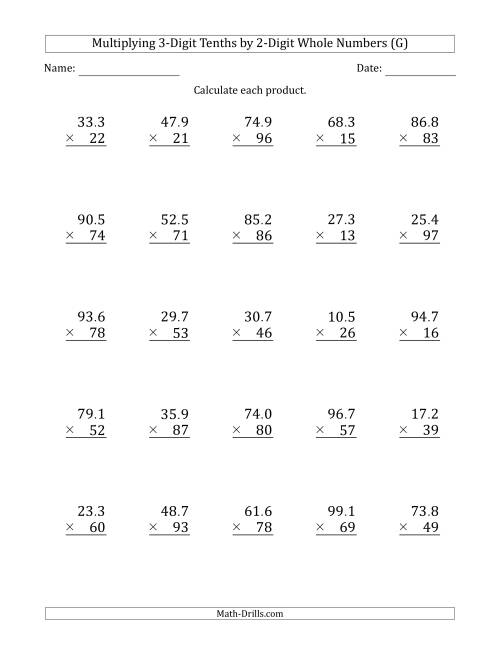 The Multiplying 3-Digit Tenths by 2-Digit Whole Numbers (G) Math Worksheet