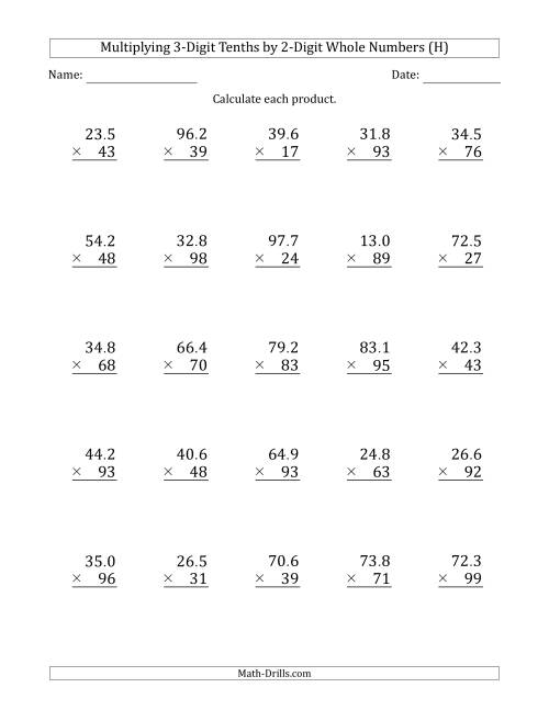 The Multiplying 3-Digit Tenths by 2-Digit Whole Numbers (H) Math Worksheet