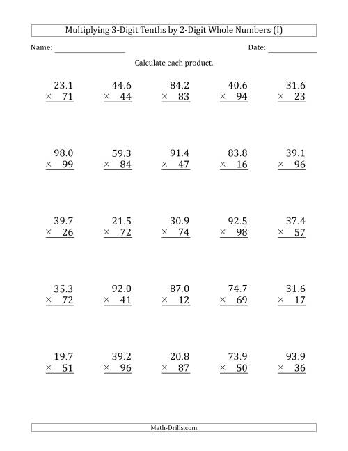 The Multiplying 3-Digit Tenths by 2-Digit Whole Numbers (I) Math Worksheet