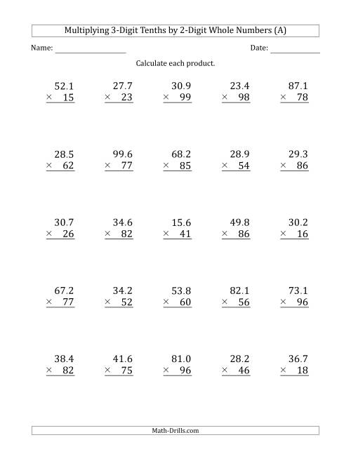 The Multiplying 3-Digit Tenths by 2-Digit Whole Numbers (All) Math Worksheet