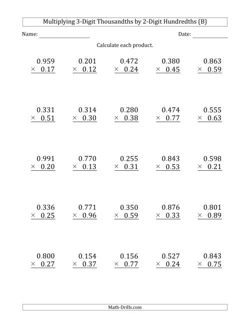 The Multiplying 3-Digit Thousandths by 2-Digit Hundredths (B) Math Worksheet