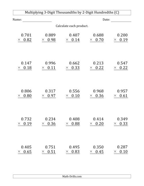 The Multiplying 3-Digit Thousandths by 2-Digit Hundredths (C) Math Worksheet