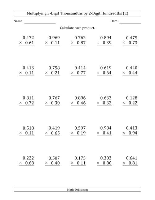 The Multiplying 3-Digit Thousandths by 2-Digit Hundredths (E) Math Worksheet