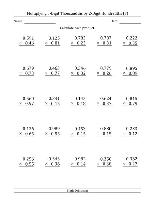 The Multiplying 3-Digit Thousandths by 2-Digit Hundredths (F) Math Worksheet