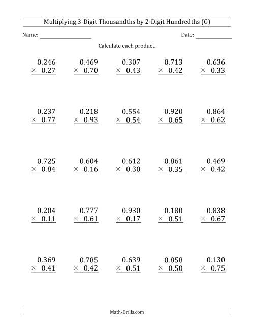 The Multiplying 3-Digit Thousandths by 2-Digit Hundredths (G) Math Worksheet