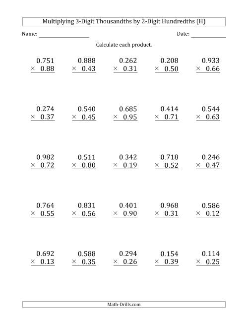 The Multiplying 3-Digit Thousandths by 2-Digit Hundredths (H) Math Worksheet