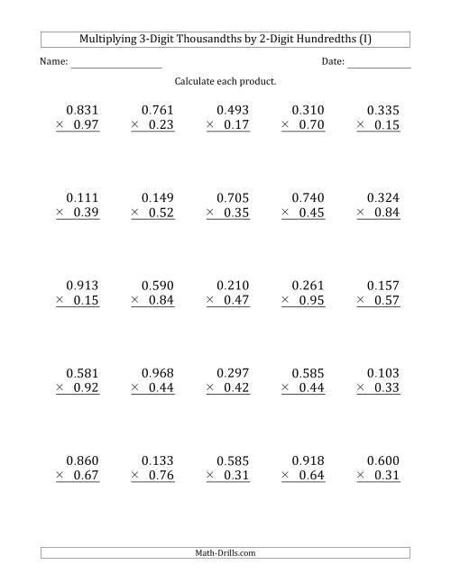 The Multiplying 3-Digit Thousandths by 2-Digit Hundredths (I) Math Worksheet