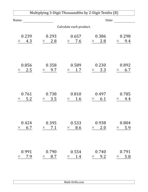 The Multiplying 3-Digit Thousandths by 2-Digit Tenths (B) Math Worksheet