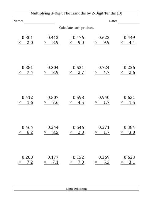 The Multiplying 3-Digit Thousandths by 2-Digit Tenths (D) Math Worksheet