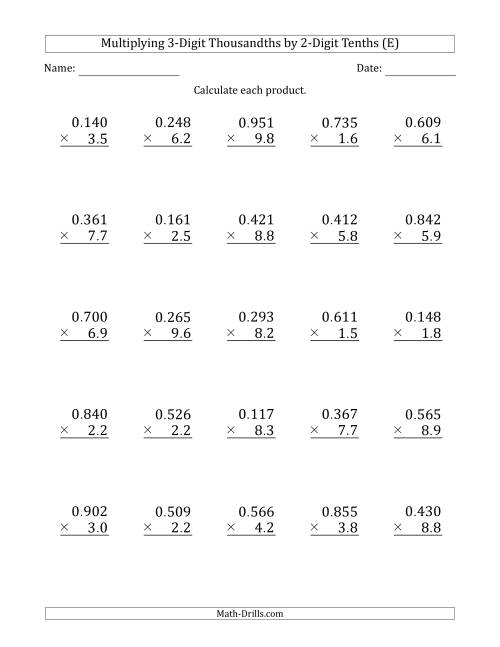 The Multiplying 3-Digit Thousandths by 2-Digit Tenths (E) Math Worksheet