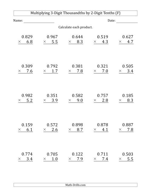 The Multiplying 3-Digit Thousandths by 2-Digit Tenths (F) Math Worksheet