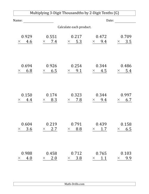 The Multiplying 3-Digit Thousandths by 2-Digit Tenths (G) Math Worksheet